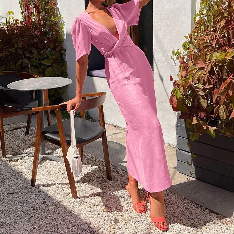 Strap A-line Skirt Short-sleeve Solid-color Dress - Pink