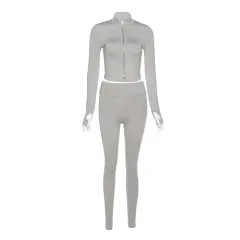 Women's Clothing New Stand Collar Long-sleeve Zipper Top High Waist Slim Fit Skinny Trousers Suit For Women - Gray - View 1
