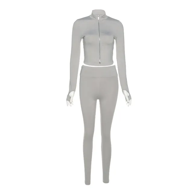 Women's Clothing New Stand Collar Long sleeve Zipper Top High Waist Slim Fit Skinny Trousers Suit For Women Gray - Shop at LoveMi