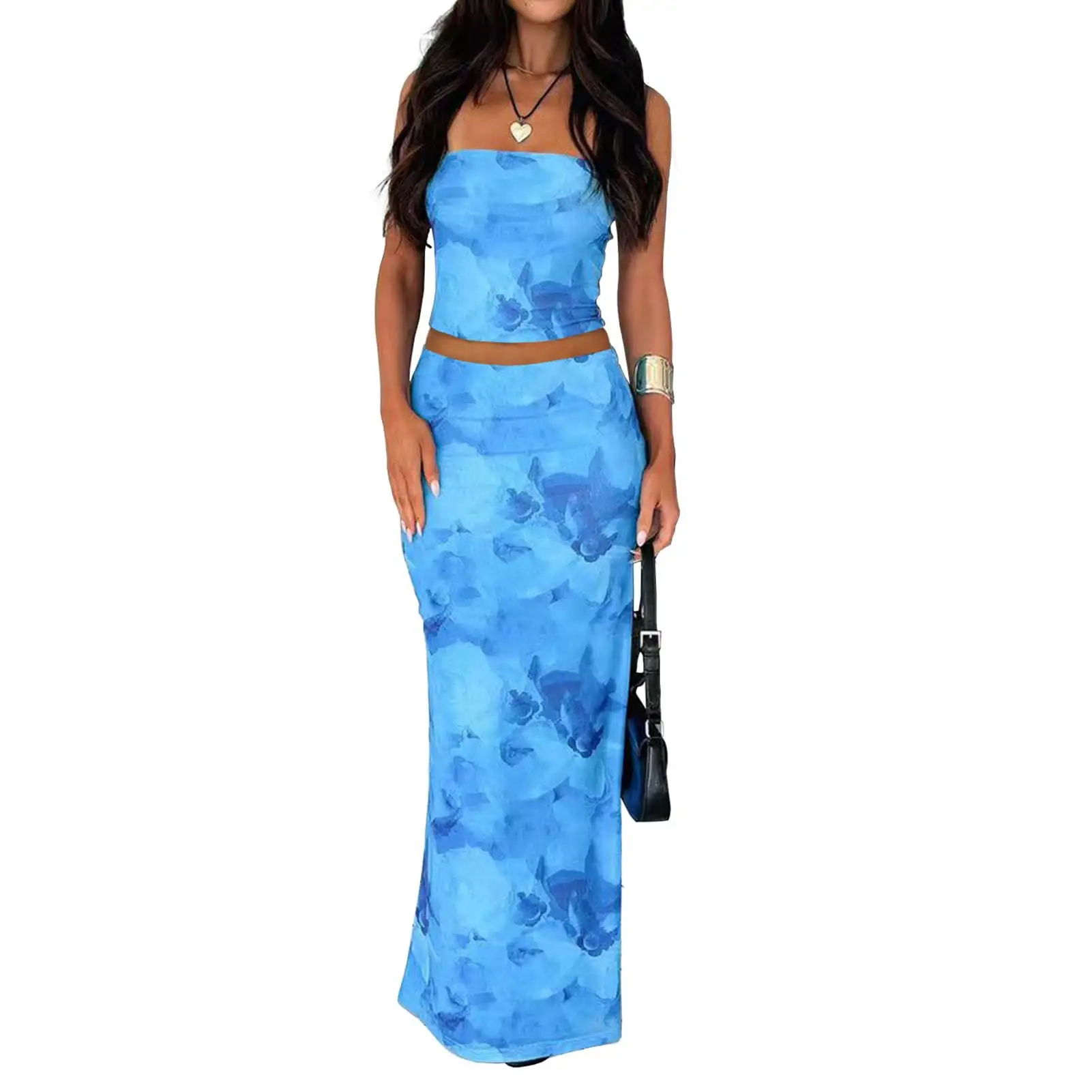 Sexy Form-fitting Two-piece Set Featuring A Floral Bustier Top And A Midriff-baring Bodycon Skirt