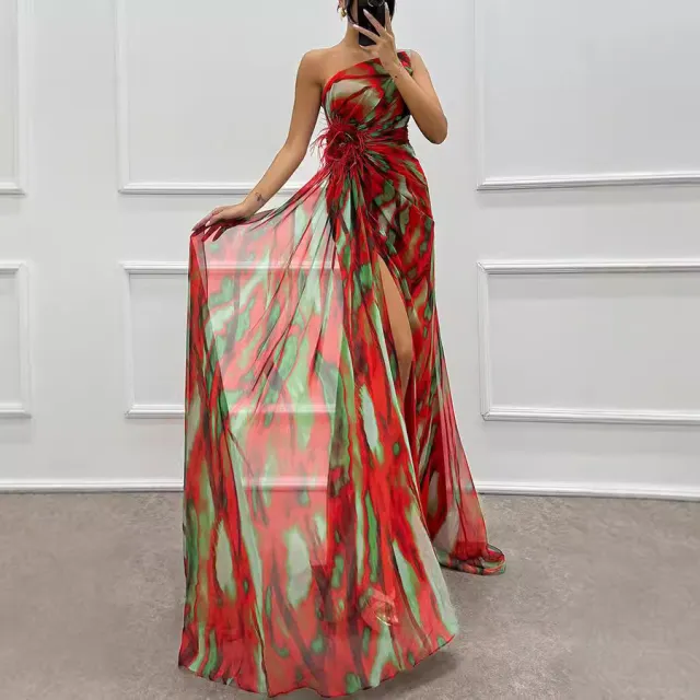 Chiffon Floral Print Slit Dress INS Casual Party Long Women's Clothing Dress Wine Red - Shop at LoveMi