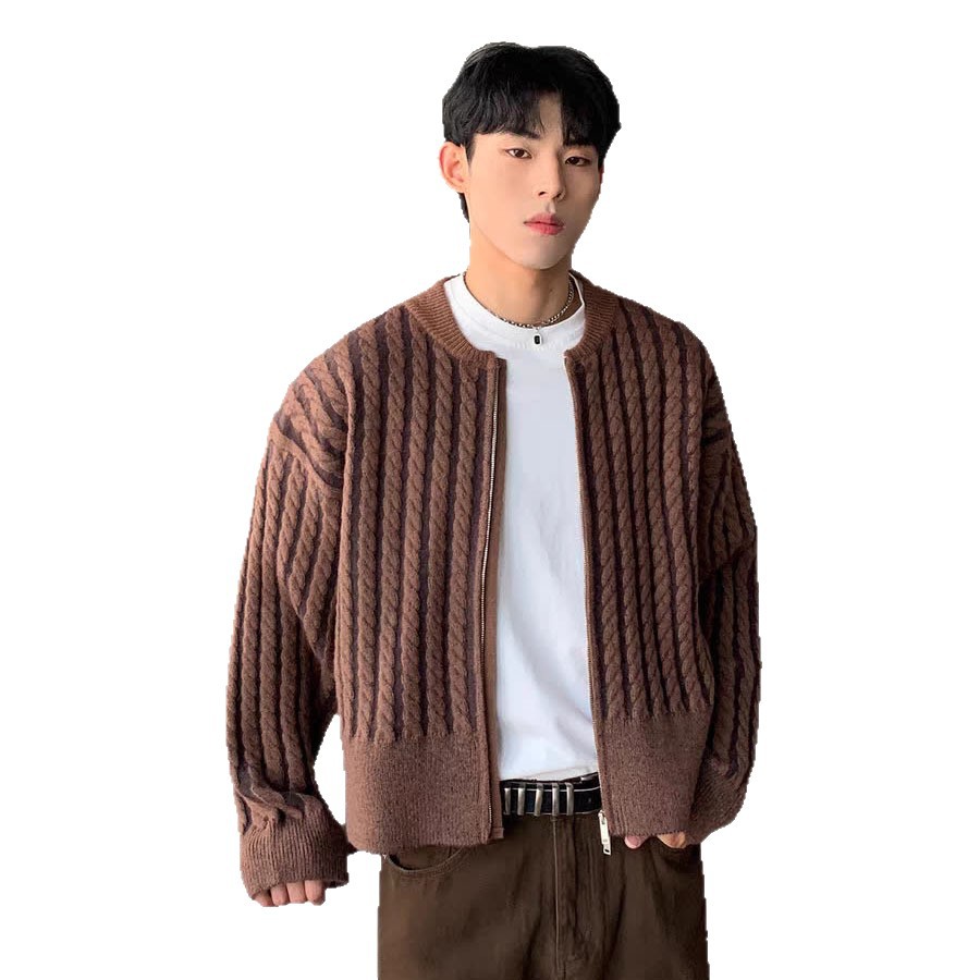 Men's Short Cool Handsome Cable-Knit Striped Sweater Coat