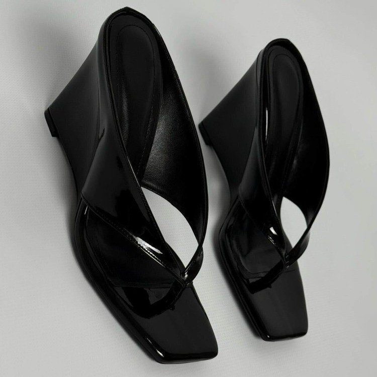 Patent Leather Wedge Thong Sandals For Women
