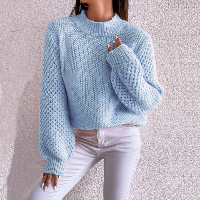Women's Fashion Autumn And Winter Leisure Long Sleeve Round Neck Pure Color Warm Keeping Sweater Sky Blue - Shop at LoveMi