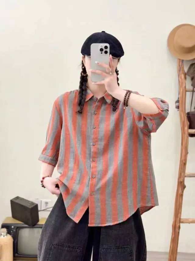 Wide Striped Printed Double layer Yarn Loose Women's Cardigan Short Sleeve Shirt Orange - Shop at LoveMi