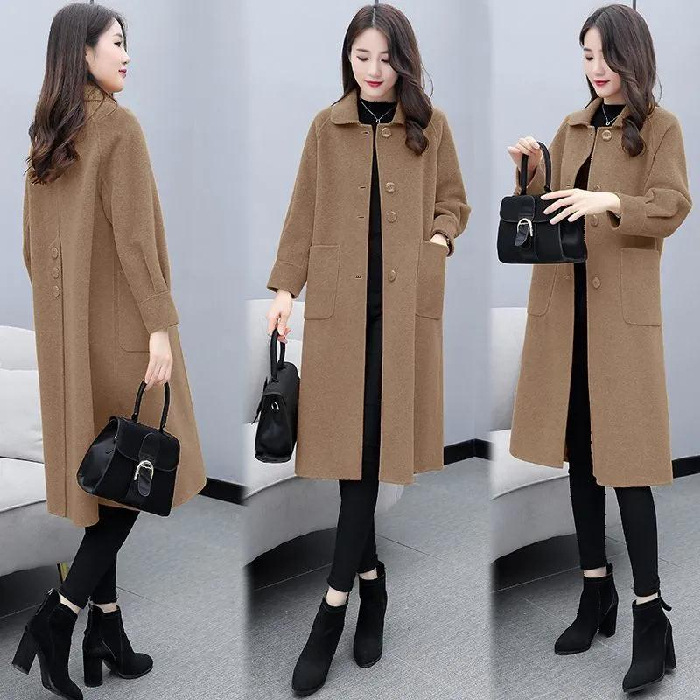 Women's Mid-length Overcoat Korean Style Autumn And Winter Lantern Sleeve Woolen Overcoat Women's Loose