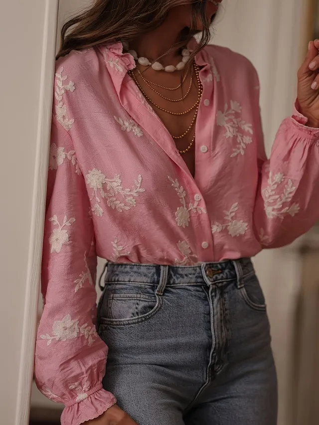 Long Sleeve Printed Top Lapel Lantern Sleeve Shirt Pink - Shop at LoveMi