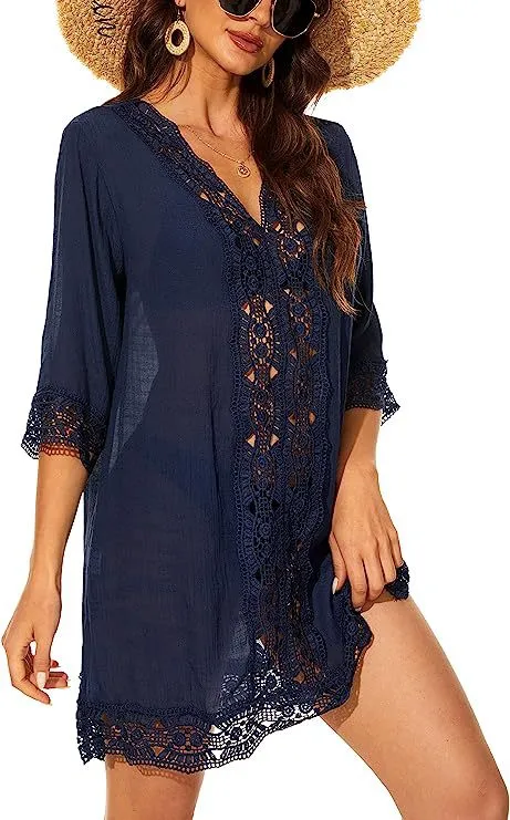 Summer Fashion Casual V neck Lace Sun Protective Blouse Beach Dress Navy Blue - Shop at LoveMi
