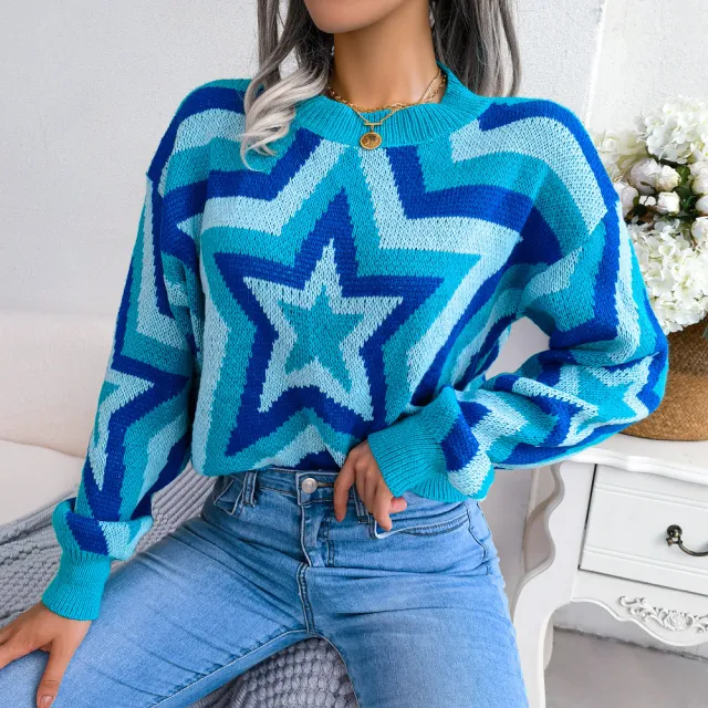 Fashion Color Contrast XINGX Long Sleeve Pullover Sweater Blue - Shop at LoveMi
