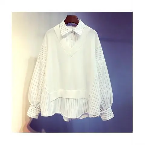 Korean Style New Patchwork Fake Two Pieces Shirts Women - White