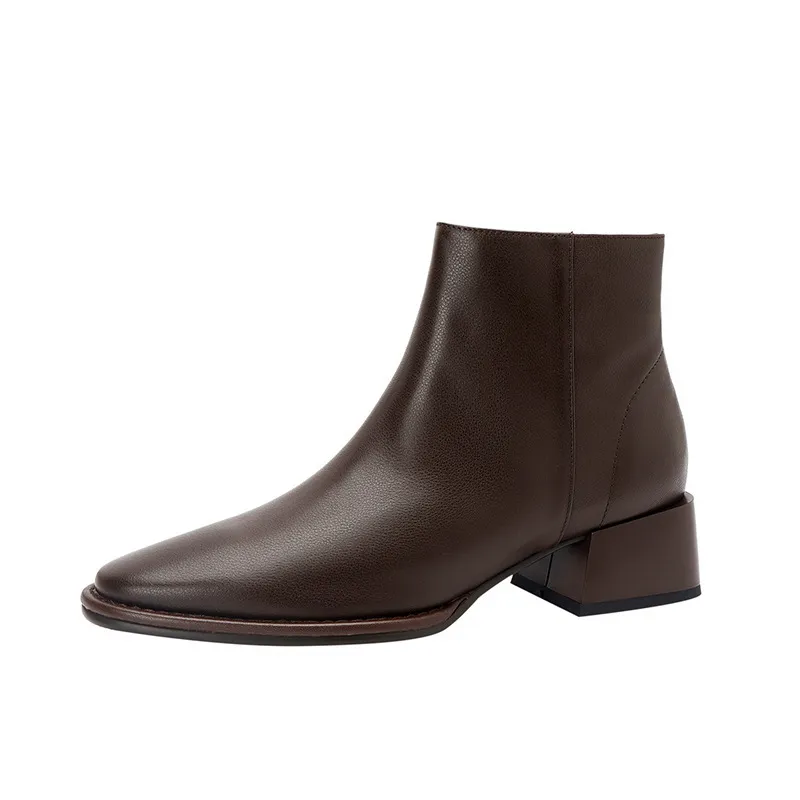 Simple All-match Soft Cowhide Boots Autumn And Winter New Thick Mid Heel Round Toe Brown Ankle Boots For Women - Brown