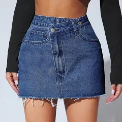 Short Fashion Irregular Denim Short Skirt - Dark Blue - View 1