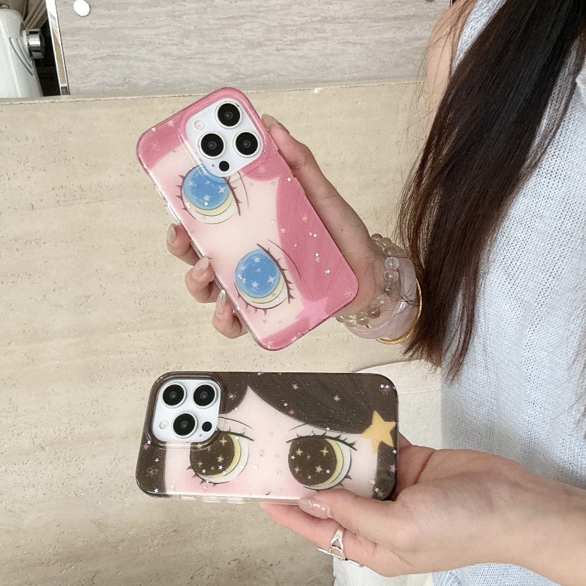 Fashionable Cartoon Phone Case For Girls Featuring Fine Glitter And Big Eyes