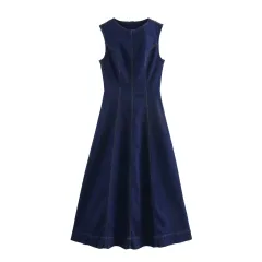Sleeveless Denim Dress With A Crew Neck - Picture Colour-L - View 1