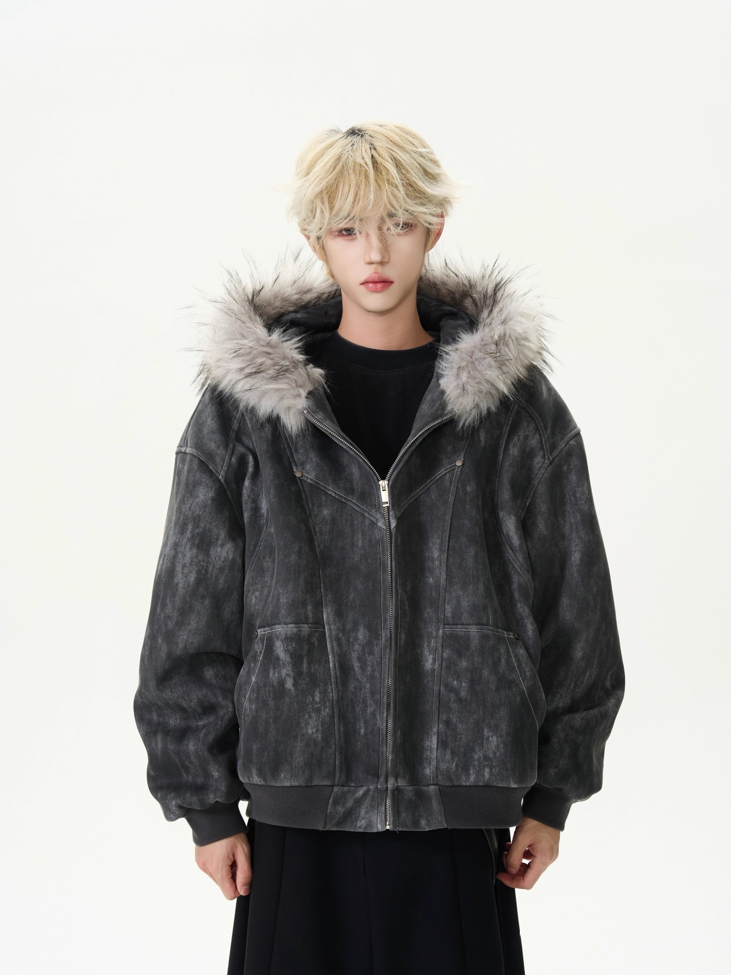 Men's Vintage Wash Suede-Touch Oversized Jacket with Plush Fur Hood