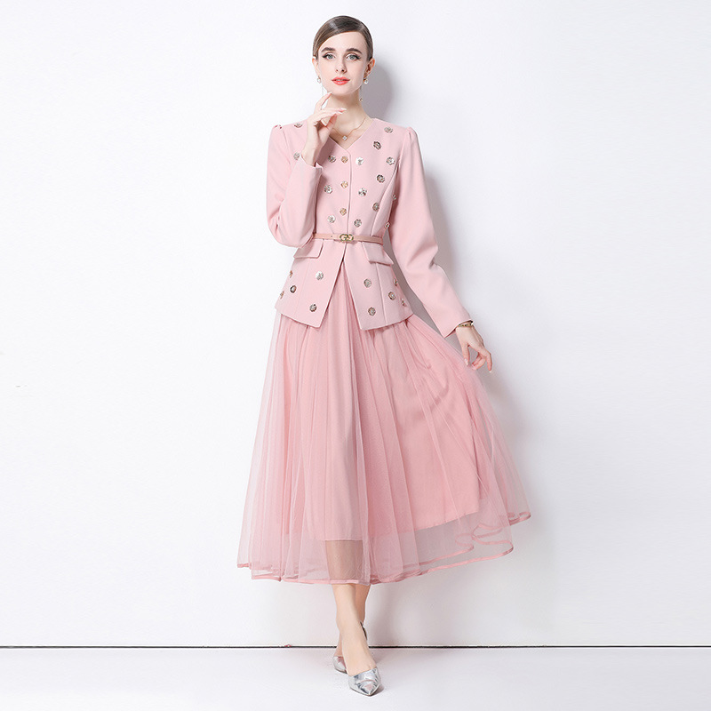 Metal Flower-Clasp Suit Waist-Cinching Slimming Coat And Mesh Long Skirt Two-Piece Set