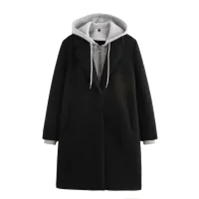 Detachable With Coat And Cap Stitching Coat For Women - Black