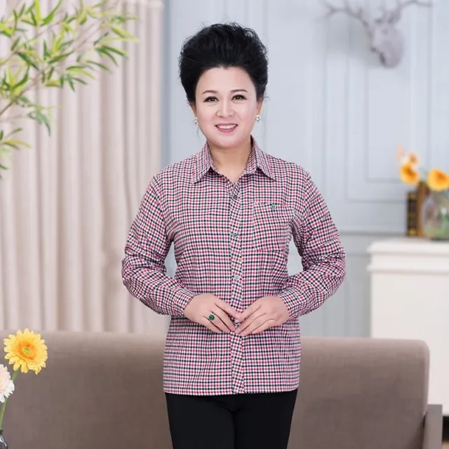 Middle aged And Elderly Women's Loose Long sleeved Slim fit Plaid Shirt No9 Color - Shop at LoveMi