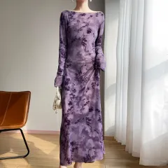 Female Slimming Boat-neck Temperament Long Dress - Purple - View 1