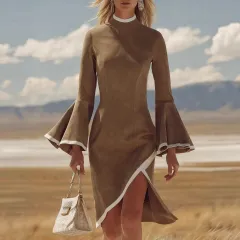 AutumnWinter Chic Casual Retro White Bell-Sleeve Midi Dress - Khaki - View 1