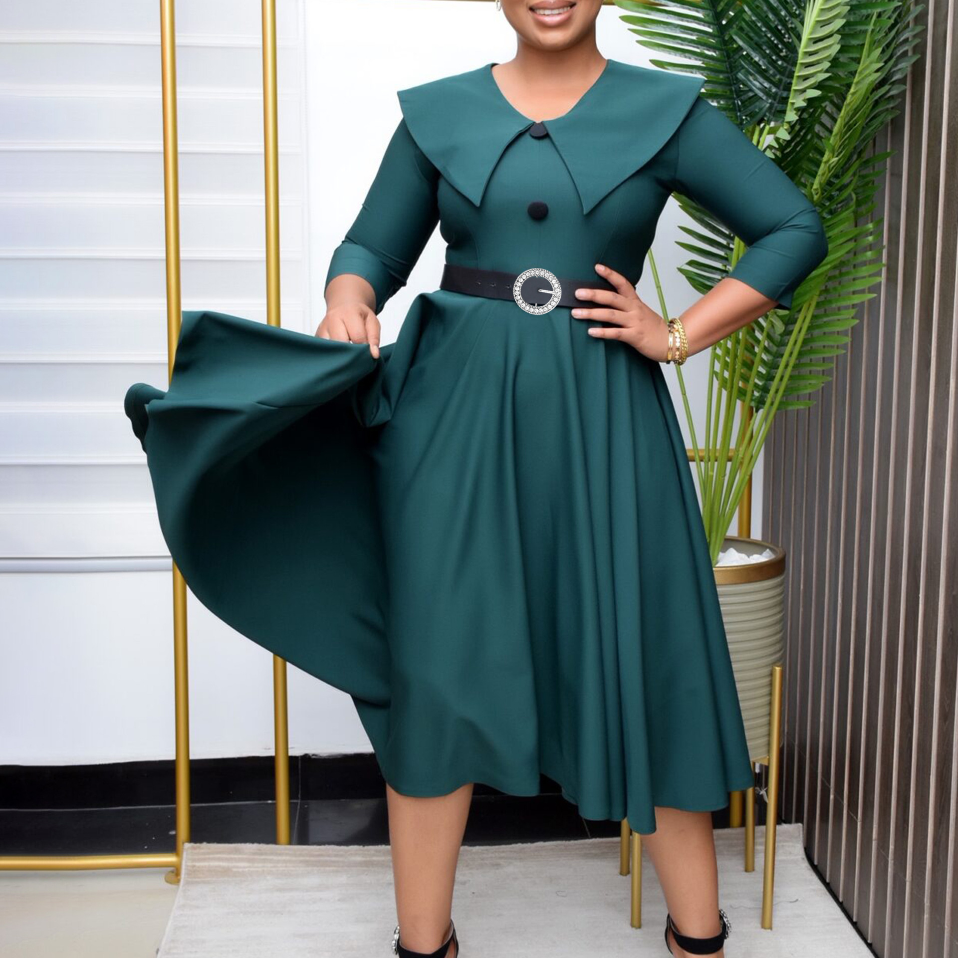 Cross-border Dropshipping Amazon Foreign Trade Women's Fashion Solid Color Elegant Slimming Waist Big Swing Skirt Dress Women