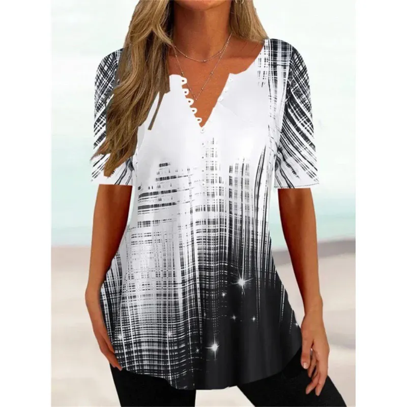 Women's Digital Printed V-neck Button Short-sleeved Top - Trm07-5Xl