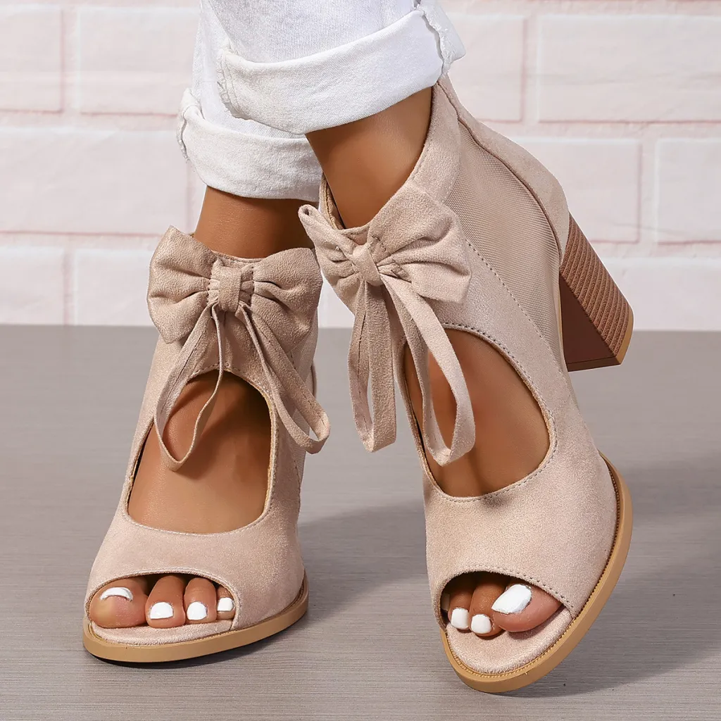 Platform Chunky High Heels Women's Sandals Bow Decoration Open Toe Block Ankle Strap Sandals For Dress Bridal Party Shoes - Beige