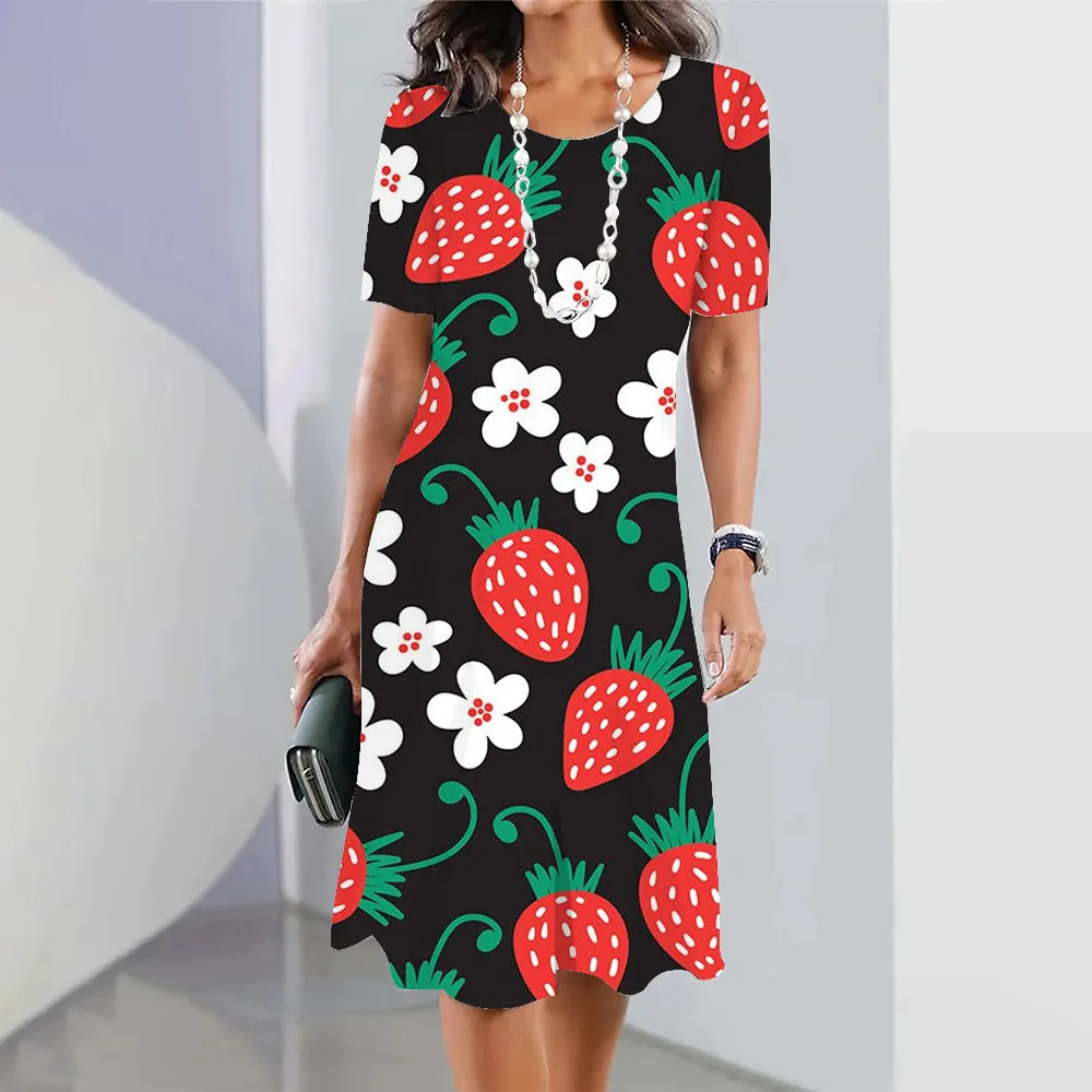 Watermelon Fruit Pattern Printing 3D Digital Printing Round Neck Short Sleeve Dress