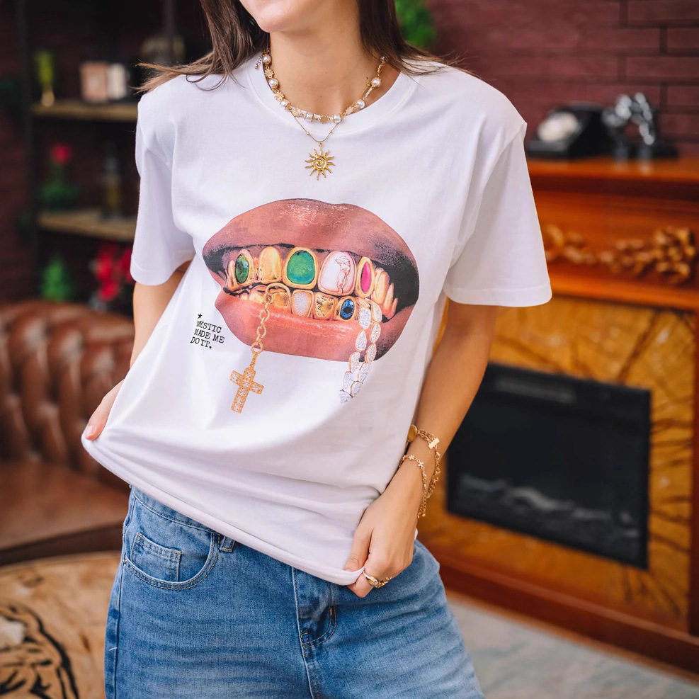 Womens All-Match Loose Short-Sleeve T-Shirt With Printed Letters