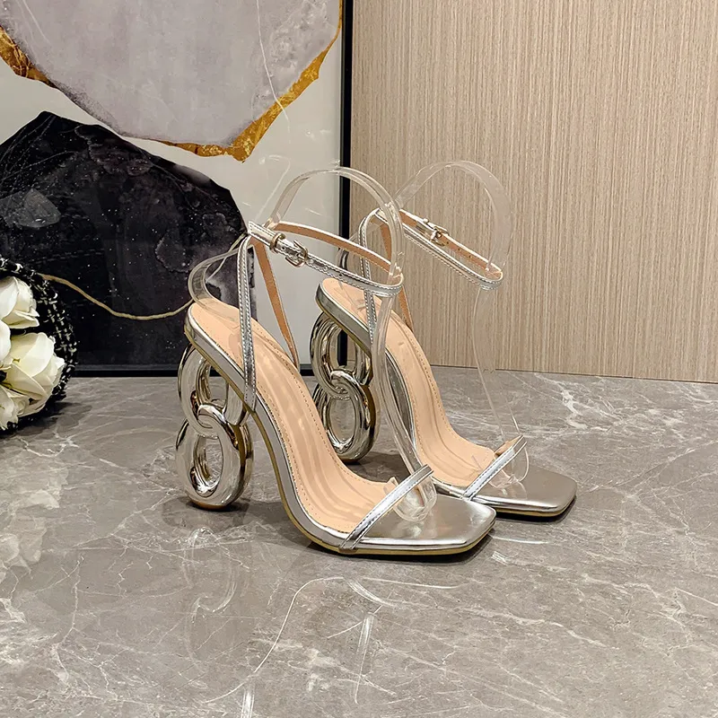 Thin Strap Square Toe Abnormal Shape Heels Catwalk High Heel Sandals - Silver