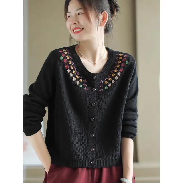 Womens Retro Embroidered Knitted Cardigan Black - Shop at LoveMi