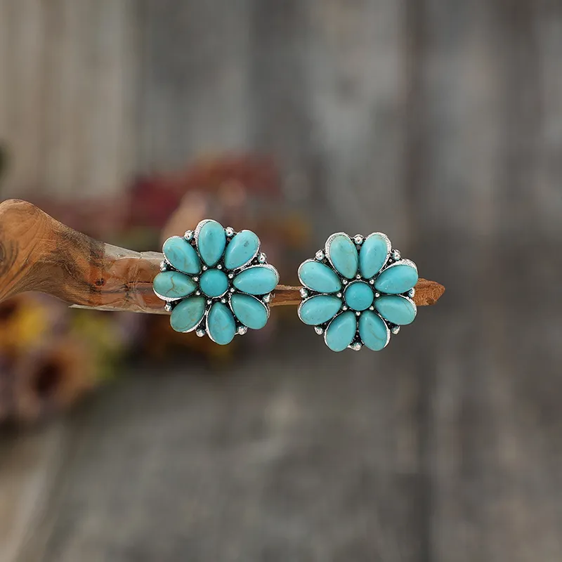 Retro Style Bohemian Flower Silver Inlaid Turquoise Stud Earrings