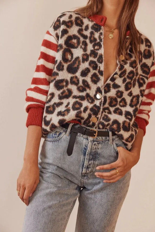 Round Neck Vintage Leopard Print Bristle Contrast Color Sweater Cardigan Red - Shop at LoveMi