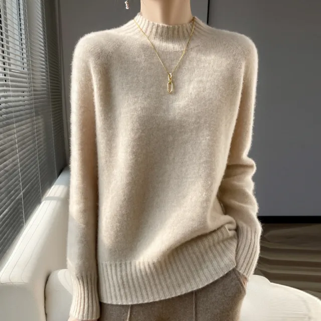 Pullover Half Turtleneck Thick Loose Wool Knitted Sweater Raw Velvet Rice - Shop at LoveMi