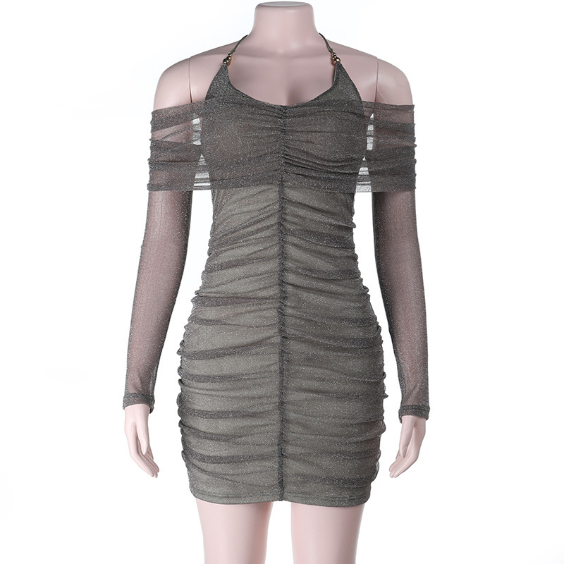 Sexy Strapless Halterneck Mesh spliced Sequin Bodycon Dress Green - Shop at LoveMi