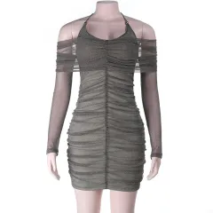Sexy Strapless Halterneck Mesh-spliced Sequin Bodycon Dress - Green - View 1