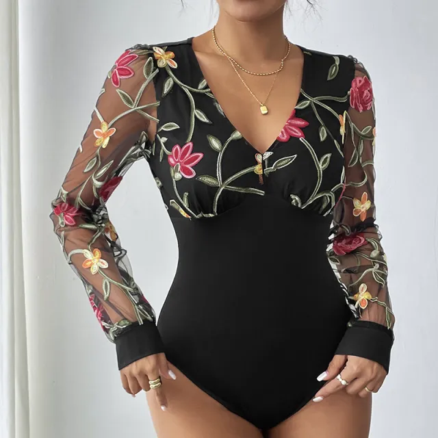 Sexy Romantic Retro Style Lace Long Sleeve Embroidered V neck Jumpsuit Red - Shop at LoveMi