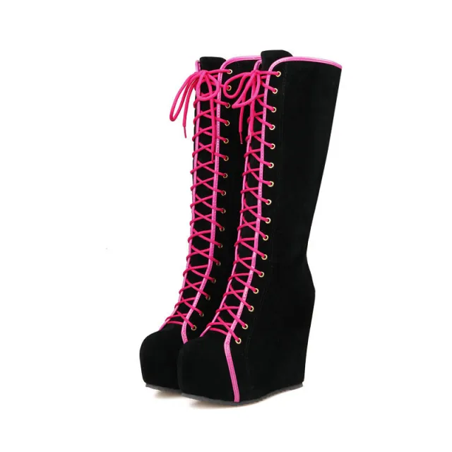 Autumn And Winter High Heel Wedge High Boots Black Thick Bottom Inner Height Buskin Red - Shop at LoveMi