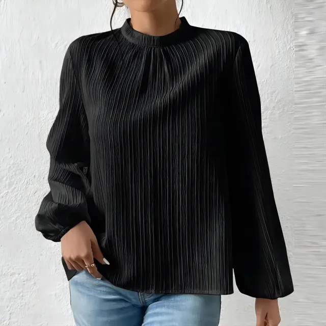 Women's Fashionable Elegant Puff Sleeve Casual Stand Collar Shirt Black - Shop at LoveMi
