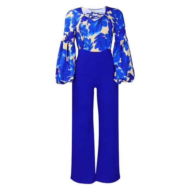 Printed Lace Up Top Wide Leg Pants Suit Sapphire Blue - Shop at LoveMi