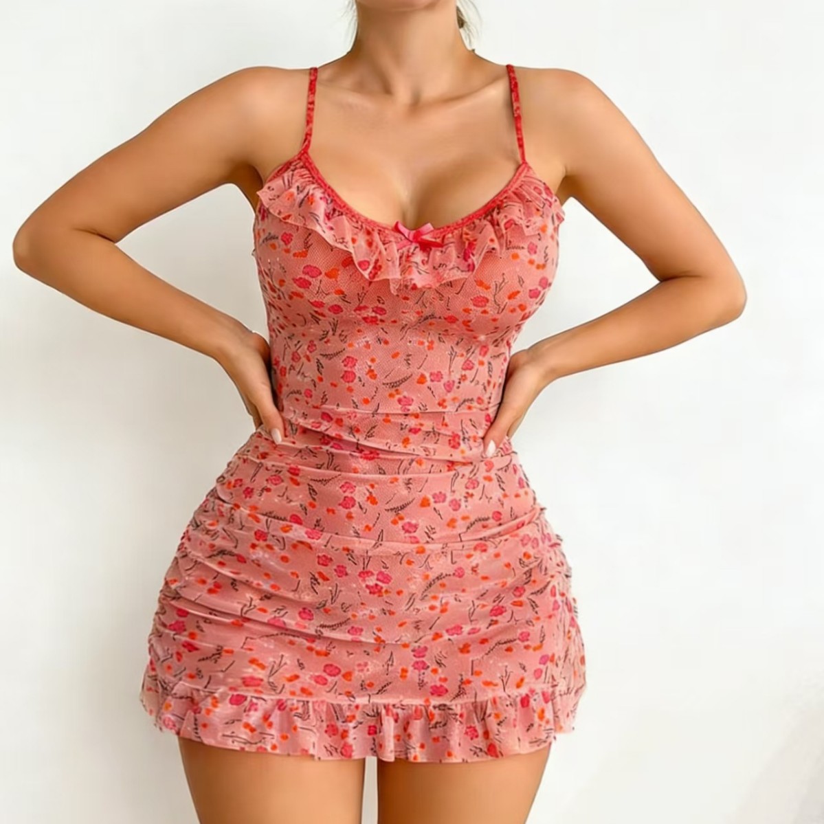 Womens Sheer Printed Strap Nightgown 6