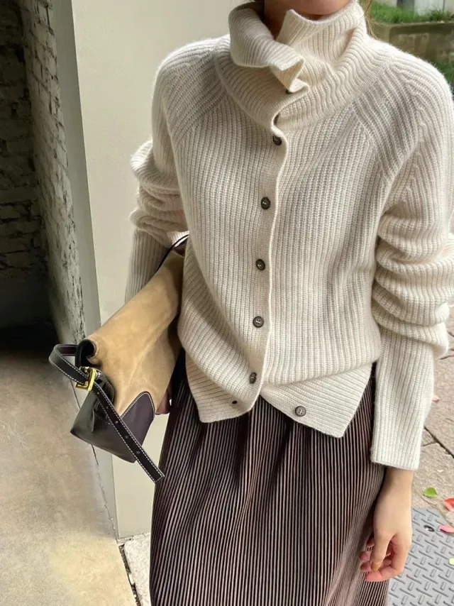 Thin Bedford Cord Sweater Idle Style Single breasted Loose Solid Color Knitted Cardigan Women's Clothes Beige - Shop at LoveMi