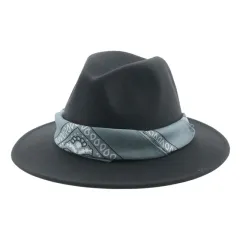 Paisley Ribbon Wide Brim Woolen Top Hat Felt Cowboy Hat - Dark Gray - View 1