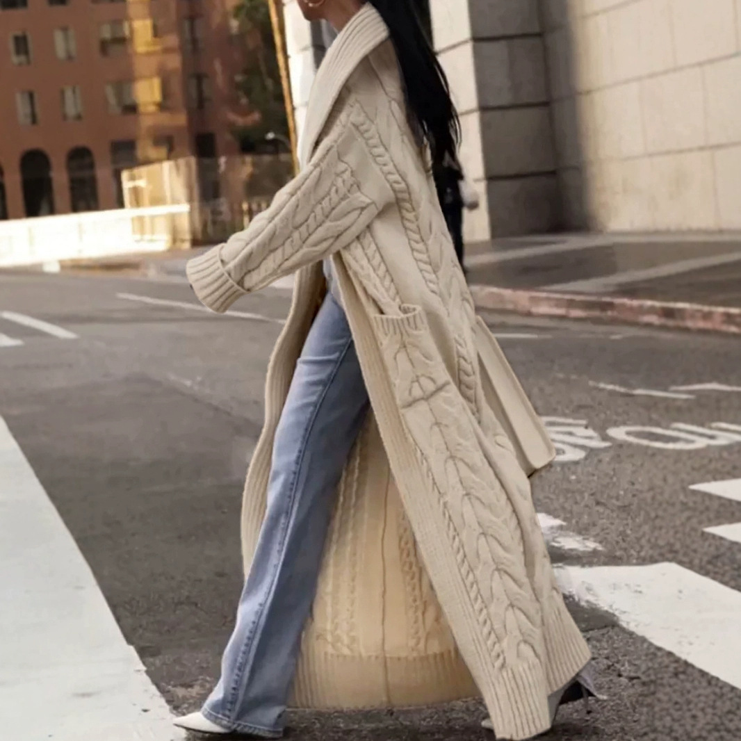 Women's Solid Color Thick Hemp Flowers Large Lapel Long Cardigan Sweater Coat