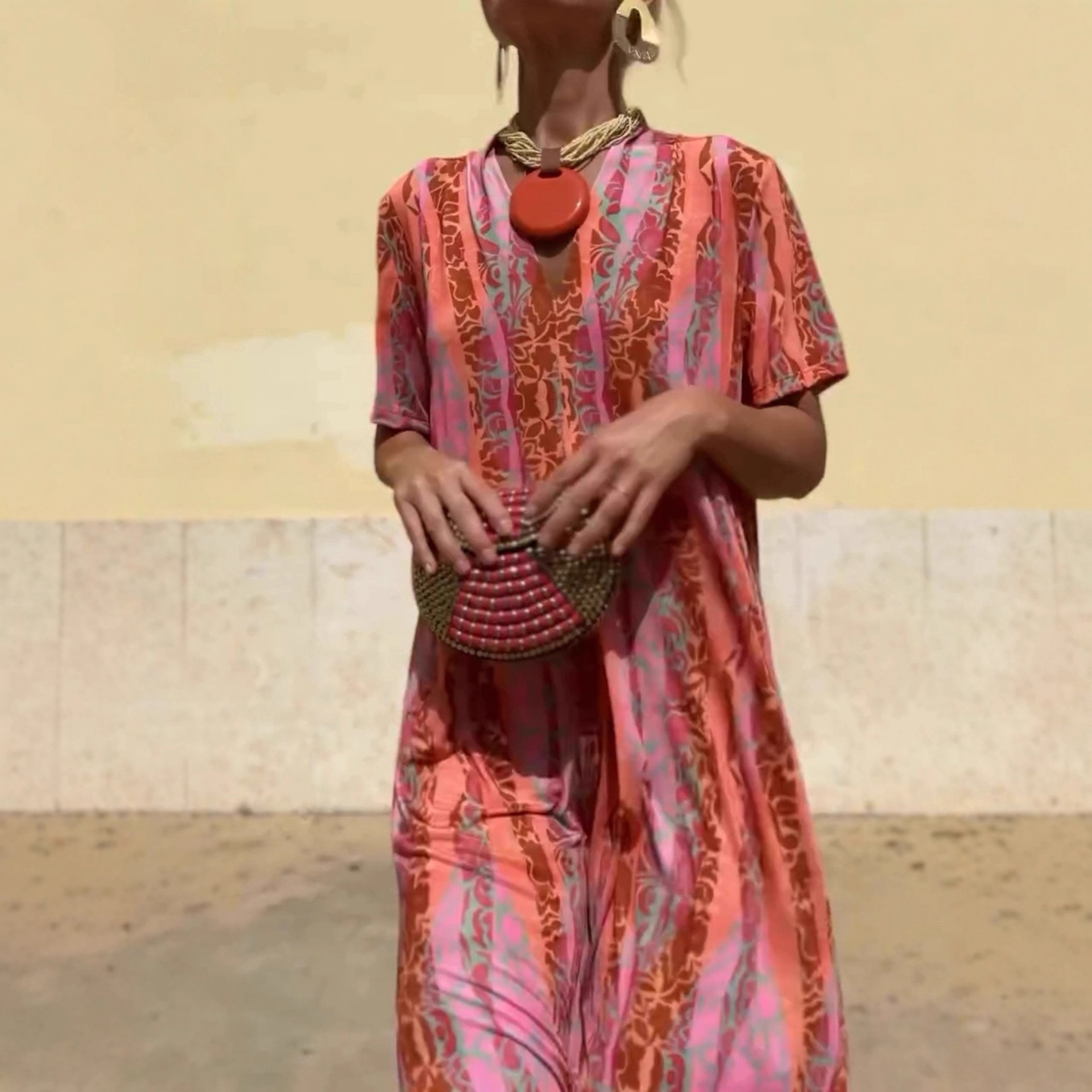 Women's Ethnic Print Loose Short Sleeve Dress Orange Red - Shop at LoveMi