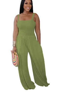Women's Clothing Solid Color Casual Strap Tube Top Wide Leg Jumpsuit - Army Green