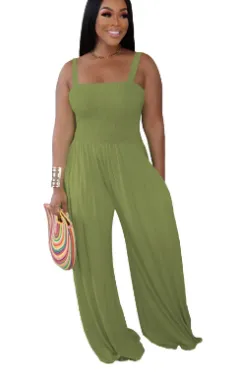 Women's Clothing Solid Color Casual Strap Tube Top Wide Leg Jumpsuit - Army Green - View 1