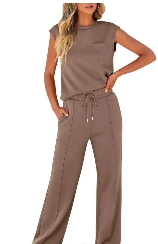 European And American Autumn And Winter New Sleeveless Casual High Elastic Loose Two piece Suit Women Brown - Shop at LoveMi