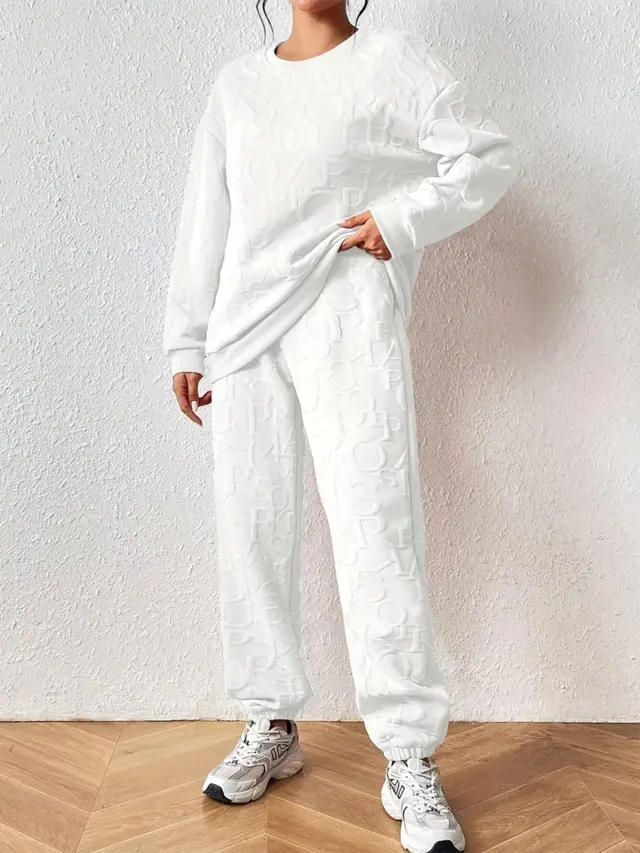 Round Neck Knitted Fashionable Letter Sweater Suit Women White - Shop at LoveMi