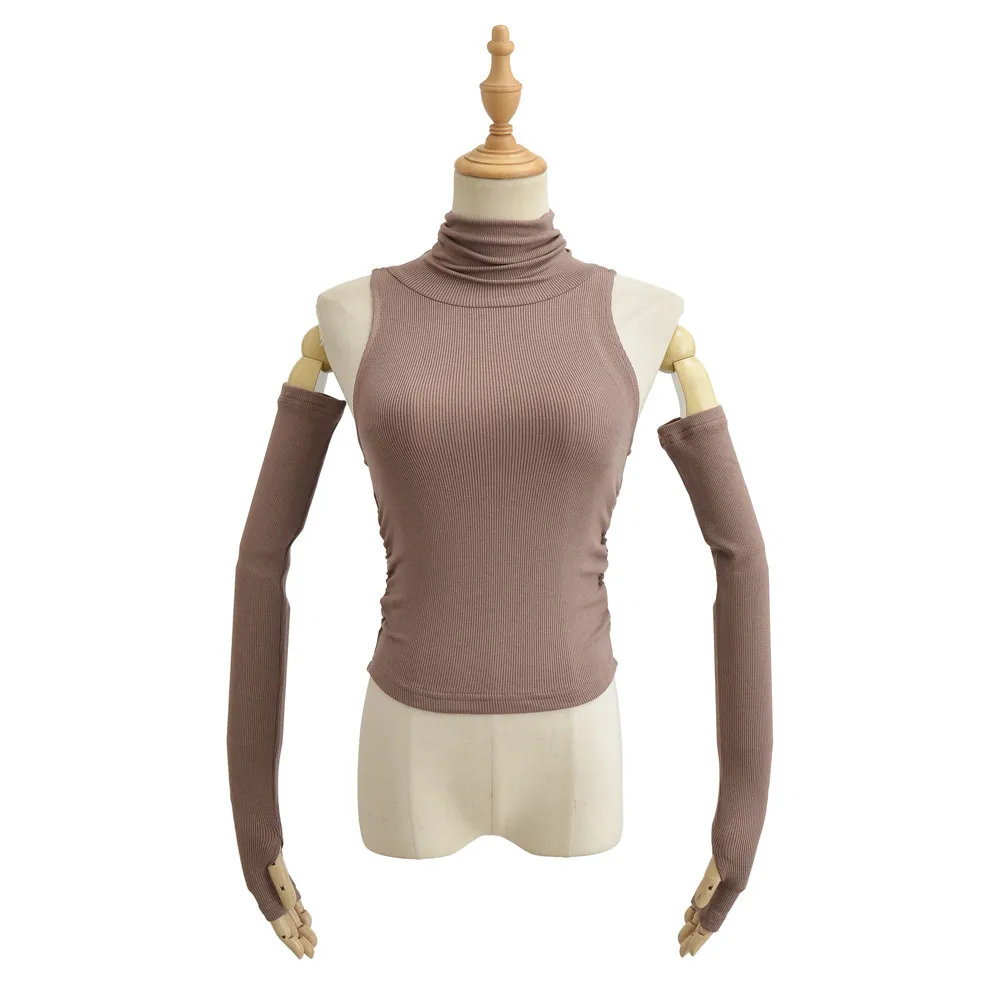 Slim-fit Pleated Women's Cuff Top Short T-shirt - Caramel Mocha